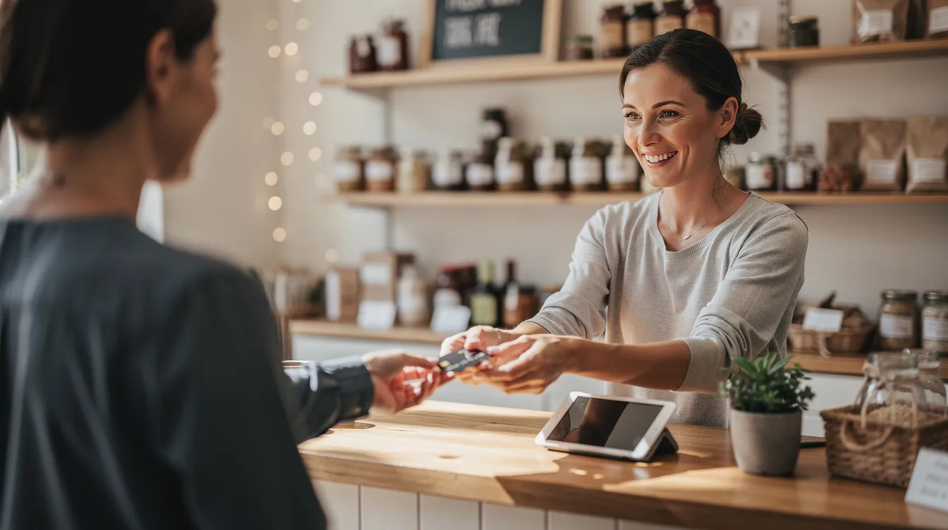 A small business owner is smiling as they accept a card payment from a customer at a cozy shop counter, showcasing the ease of digital payments in facilitating business transactions. This interaction highlights the importance of secure payments and the role of innovative technologies in enhancing consumer spending experiences.