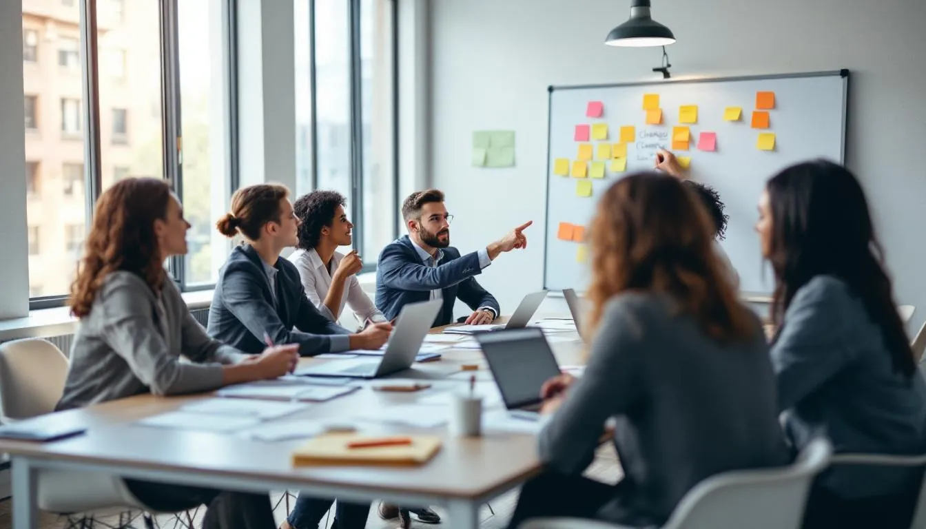 In the image, a diverse group of team members is engaged in a collaborative change planning session, actively providing feedback and discussing strategies for effective leadership during the change process. Their interaction reflects a commitment to transparent communication and gathering valuable insights to align with the organization's long-term goals.