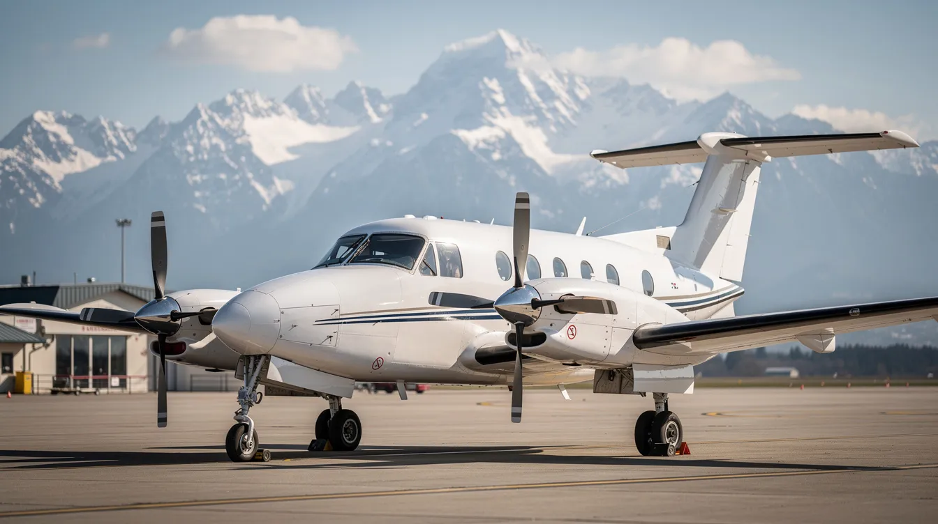 The image features a Beechcraft King Air turboprop aircraft parked on an airport ramp, with majestic mountains in the background. This high-performance airplane is designed for normal cruise flight operations and is capable of operating at maximum altitudes, making it suitable for various flight training and endorsement requirements.