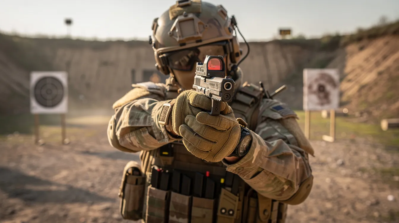 A person dressed in tactical gear is aiming a compact Glock airsoft pistol, equipped with a small red dot sight, at an outdoor shooting range. The scene captures the focus and precision required in airsoft, showcasing the realistic design and features of the airsoft Glock replica.