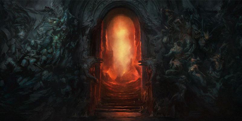 Eternal Conflict is pictured on the doors of Burning Hells.