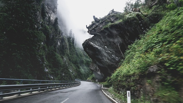 mountains, road, fog