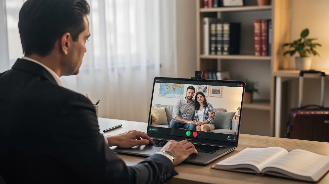 An immigration lawyer is engaged in an online consultation with an expat couple, discussing important topics such as Spanish citizenship, private health insurance, and the requirements for obtaining a valid residence permit to live in Spain. The setting emphasizes the complexities of navigating the visa process and understanding tax obligations for foreign nationals in Spain.