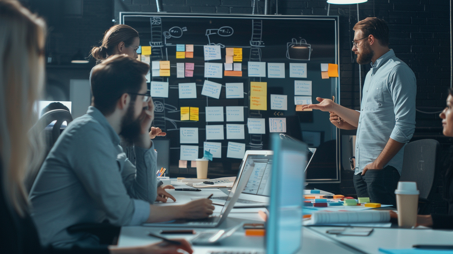 Software development teams employing agile methodologies gather around a large digital board displaying their project's progress. This image captures the essence of agile project management, showcasing a cross-functional team actively involved in iterative development, continuous improvement, and adapting to customer feedback for enhanced project outcomes.