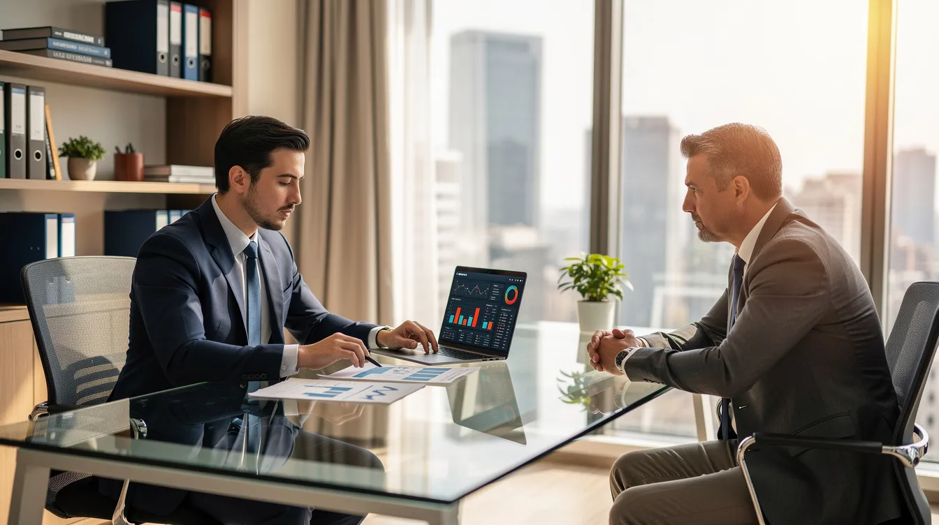 A professional financial advisor is seated across from a client in a modern office, discussing important aspects of estate planning, including the implications of a primary beneficiary's death and how multiple beneficiaries might be affected. The advisor is providing insights on life insurance policies and the probate process, ensuring the client understands the distribution of assets and the roles of contingent beneficiaries.