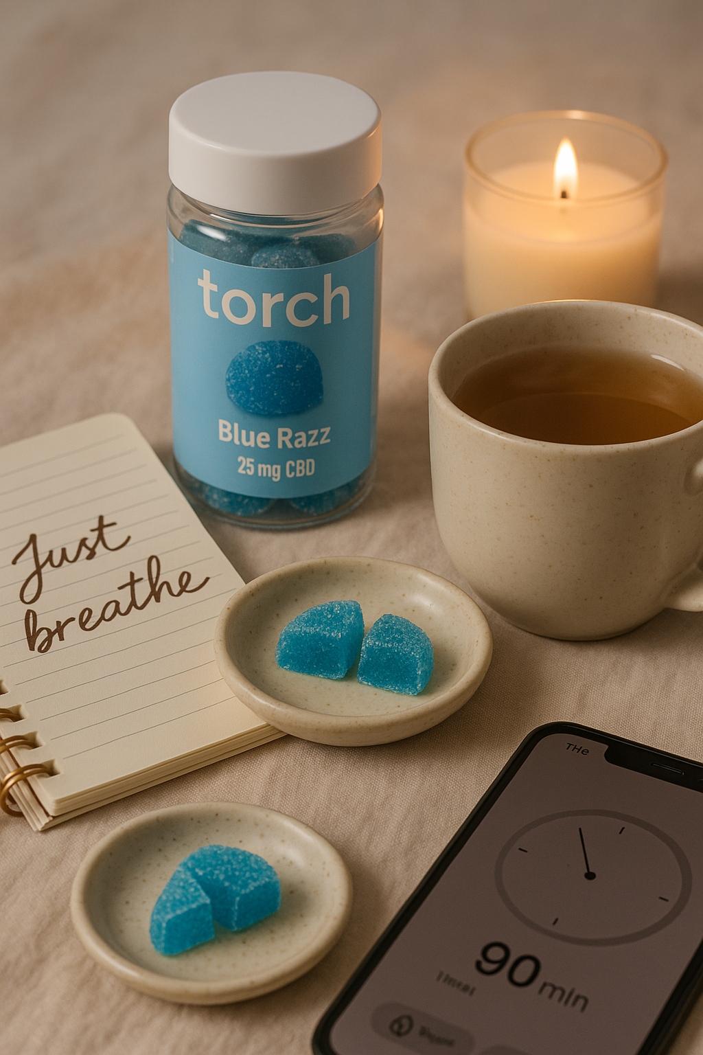 Blue Razz Torch Gummy in a calm setup with a handwritten “Just breathe” note, tea, candle, and product jar, symbolizing gentle anxiety relief.