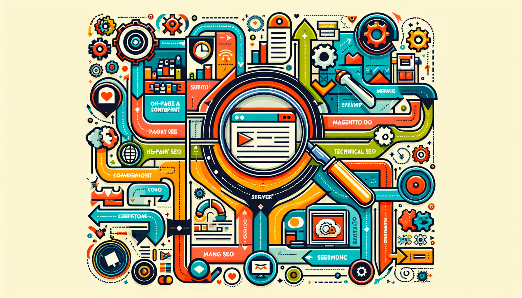 An illustration of key components of Magento SEO.