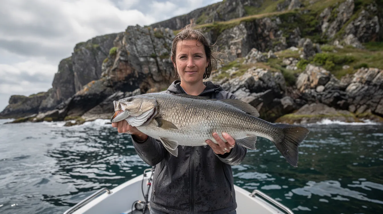 Uma pessoa segura um peixe recém-pescado em um barco, com a costa rochosa ao fundo, representando a beleza natural da ilha grega de Zakynthos. A cena captura a essência da vida no mar Egeu, próxima a famosas praias como Navagio Beach e Keri Beach.