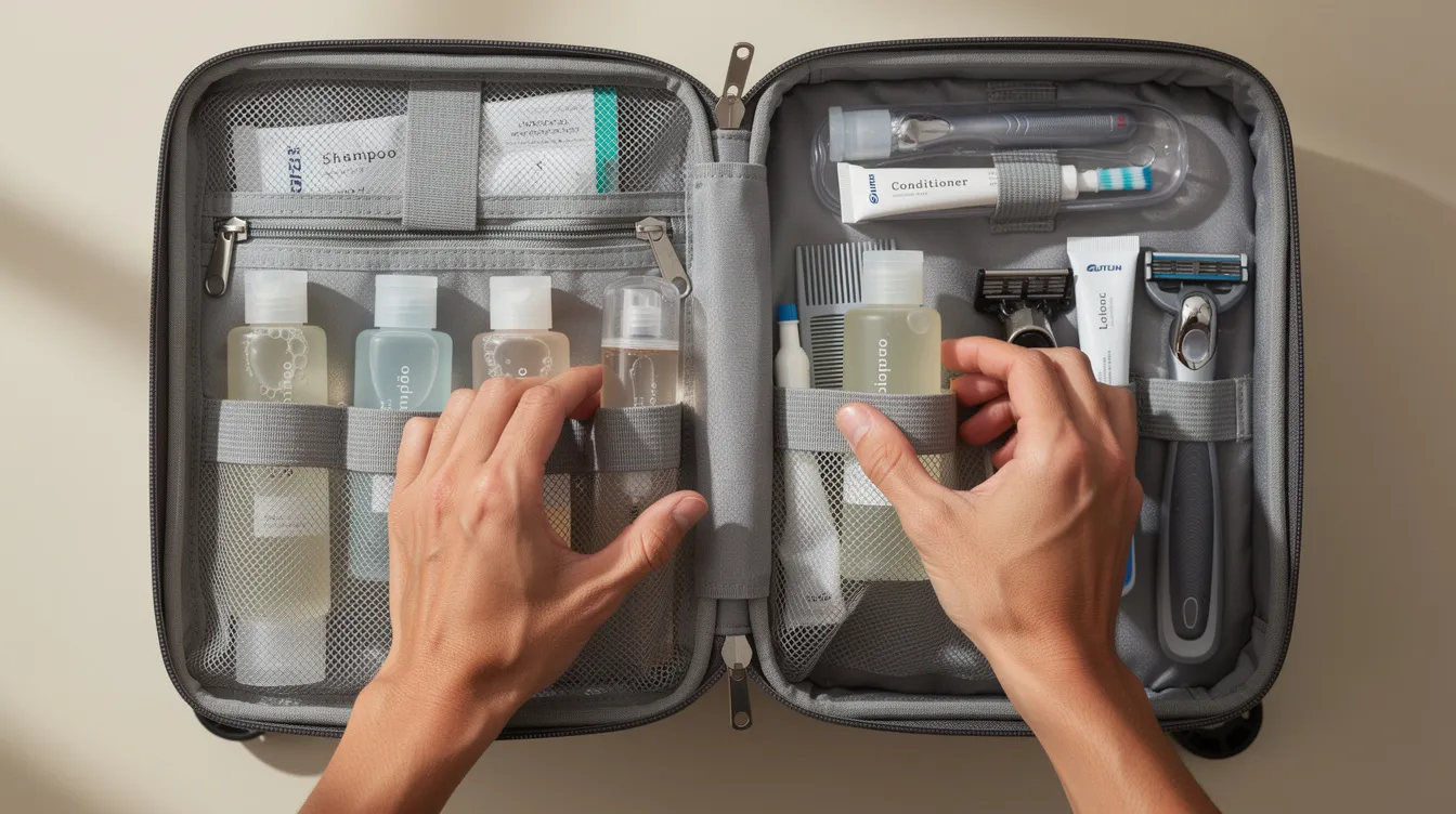 A pair of hands is carefully organizing travel-sized containers and accessories inside a carry-on bag with multiple compartments, ensuring that all liquids are packed securely and in compliance with TSA liquid rules. The scene emphasizes the importance of using a quart-sized bag for toiletries, including mini bottles of face wash and contact lens solution, to facilitate the airport security screening process.