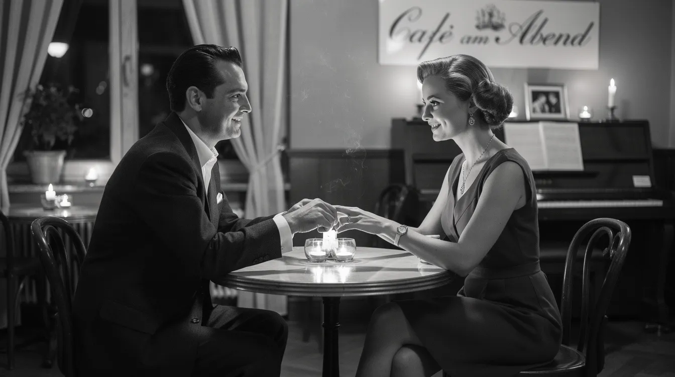 In einer romantischen Schwarzweiß-Szene sitzen sich ein elegant gekleideter Mann und eine Frau in einem Café gegenüber, umgeben von Kerzenlicht, während im Hintergrund ein Klavier zu sehen ist. Diese intime Atmosphäre könnte Teil eines Films aus der Liste der besten Filme aller Zeiten sein, die die Themen Liebe und Leben behandelt.