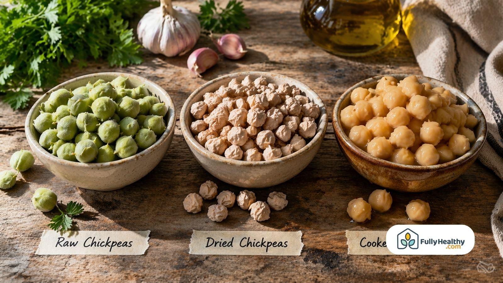 Raw dried and cooked chickpeas in bowls on rustic table