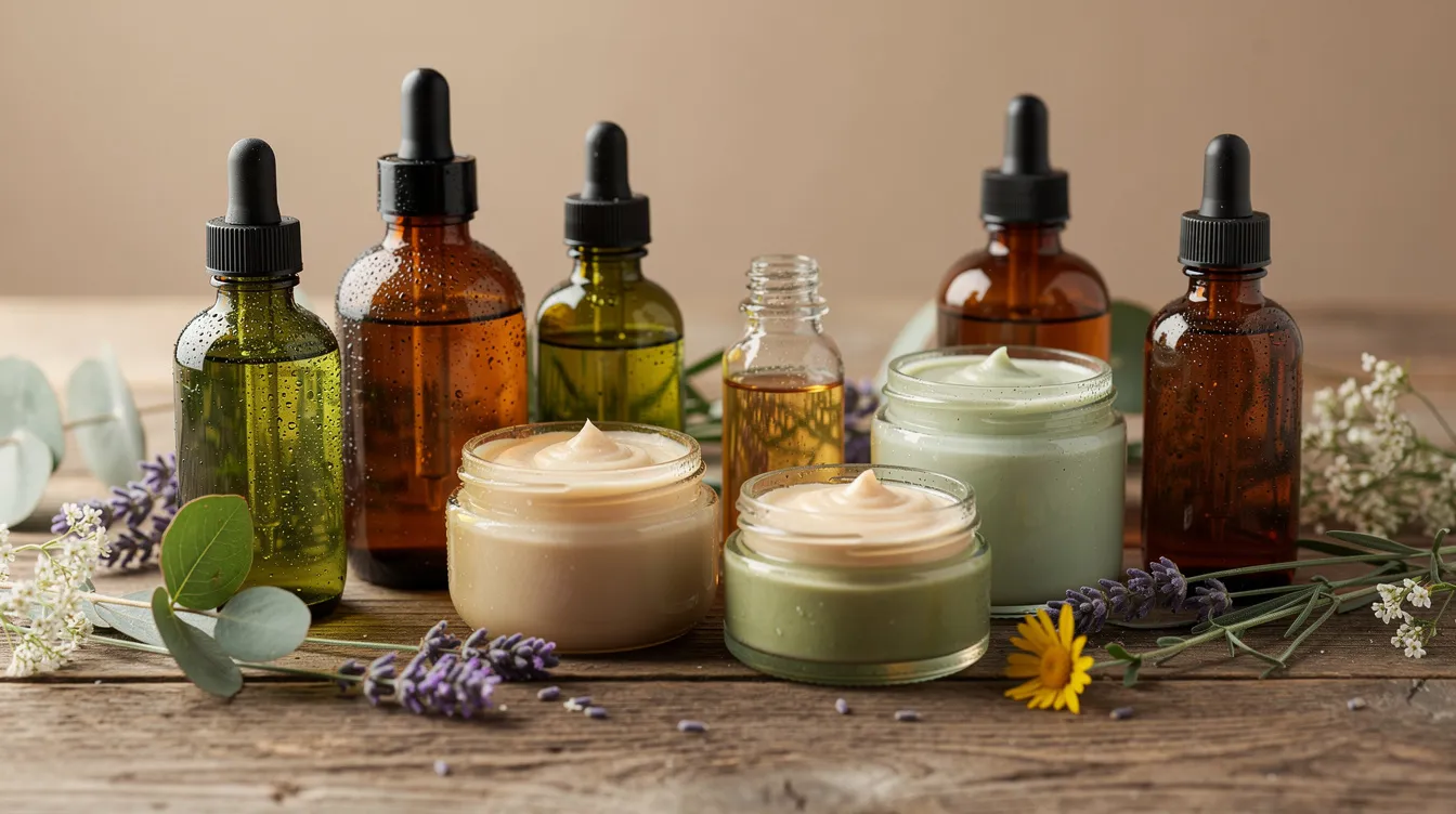 The image features an assortment of glass bottles and jars containing various natural plant-based tinctures and topical creams made from hemp-derived products, arranged neatly on a wooden table. These hemp products include formulations with naturally occurring cannabinoids, showcasing the versatility of cannabis sativa and its derivatives.