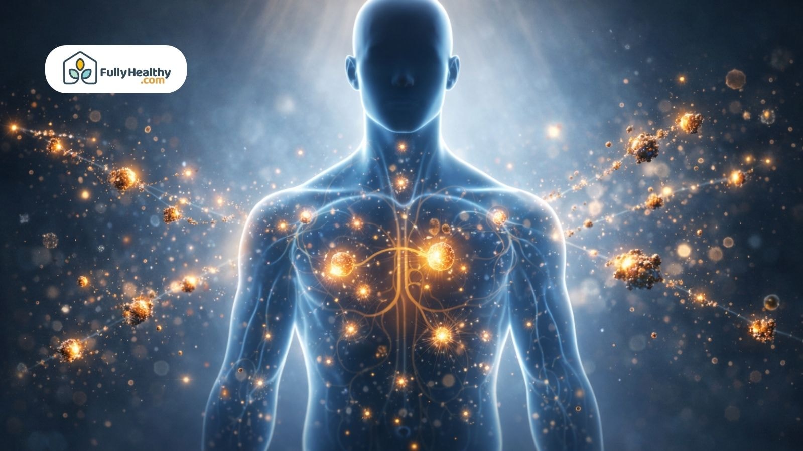 Human silhouette with glowing immune cells fighting oxidative stress