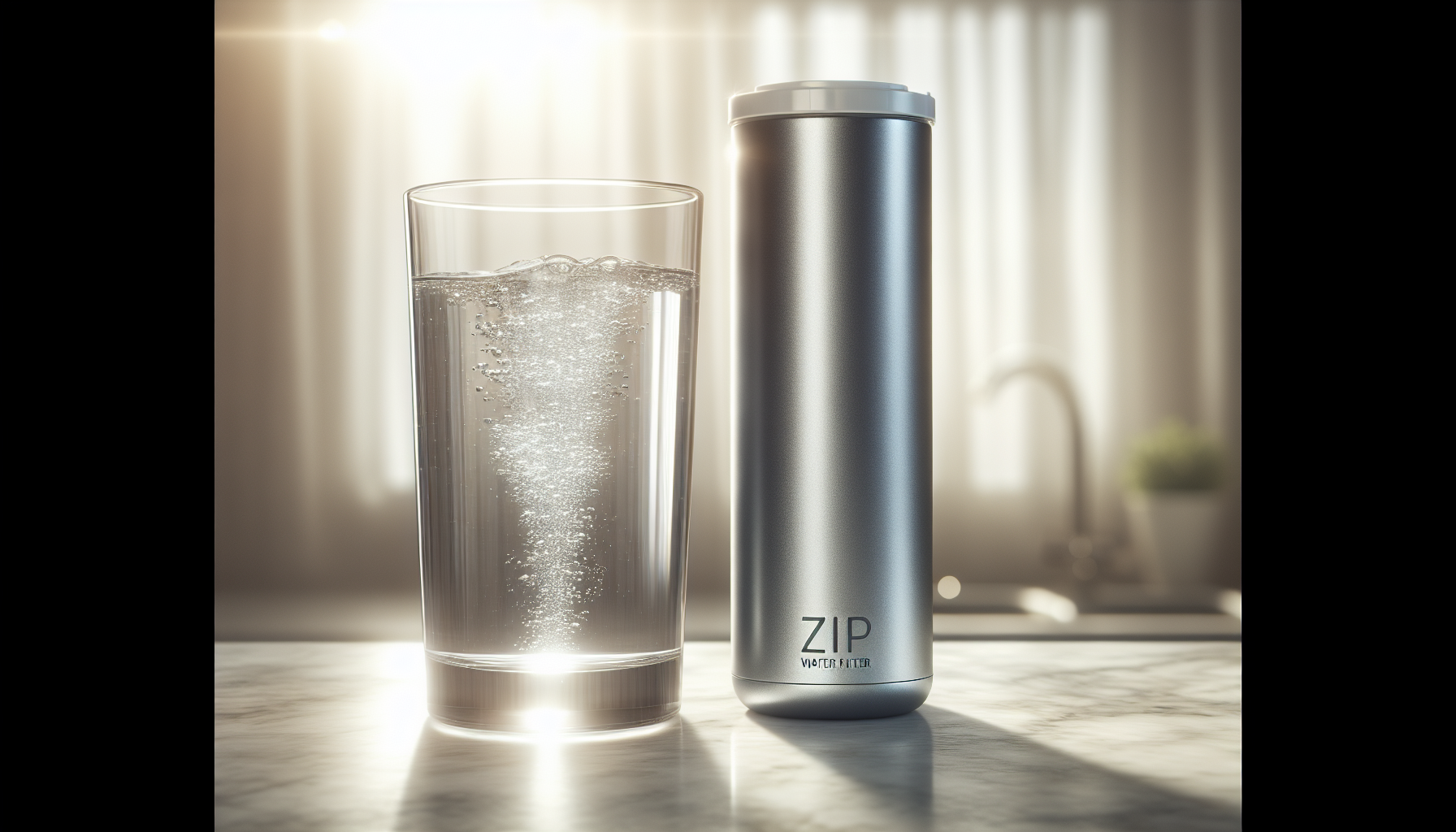 Zip water filter cartridge and glass of pure tasting water