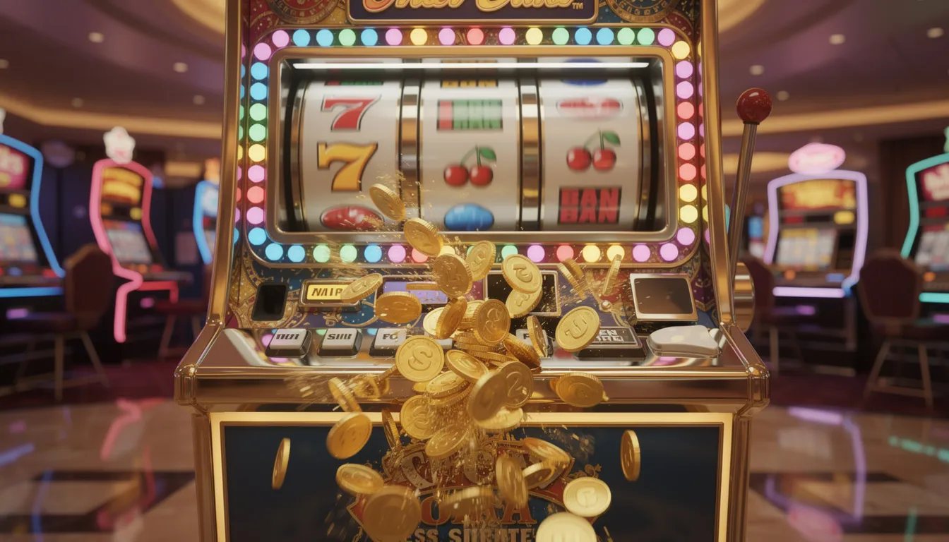 En färgglad spelautomat från isoftbet med snurrande hjul och gyllene mynt som faller ner, vilket skapar en känsla av spänning och möjlighet till stora vinster. Automaten är designad för att erbjuda en underhållande spelupplevelse med funktioner som free spins och bonusspel.