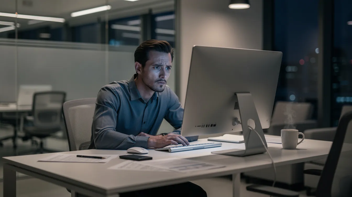 L'image montre un professionnel, l'air fatigué, concentré devant un ordinateur dans un bureau moderne. Cette scène illustre les obstacles à la communication managériale, notamment les malentendus qui peuvent survenir lors de la prise de décision au sein d'une équipe.