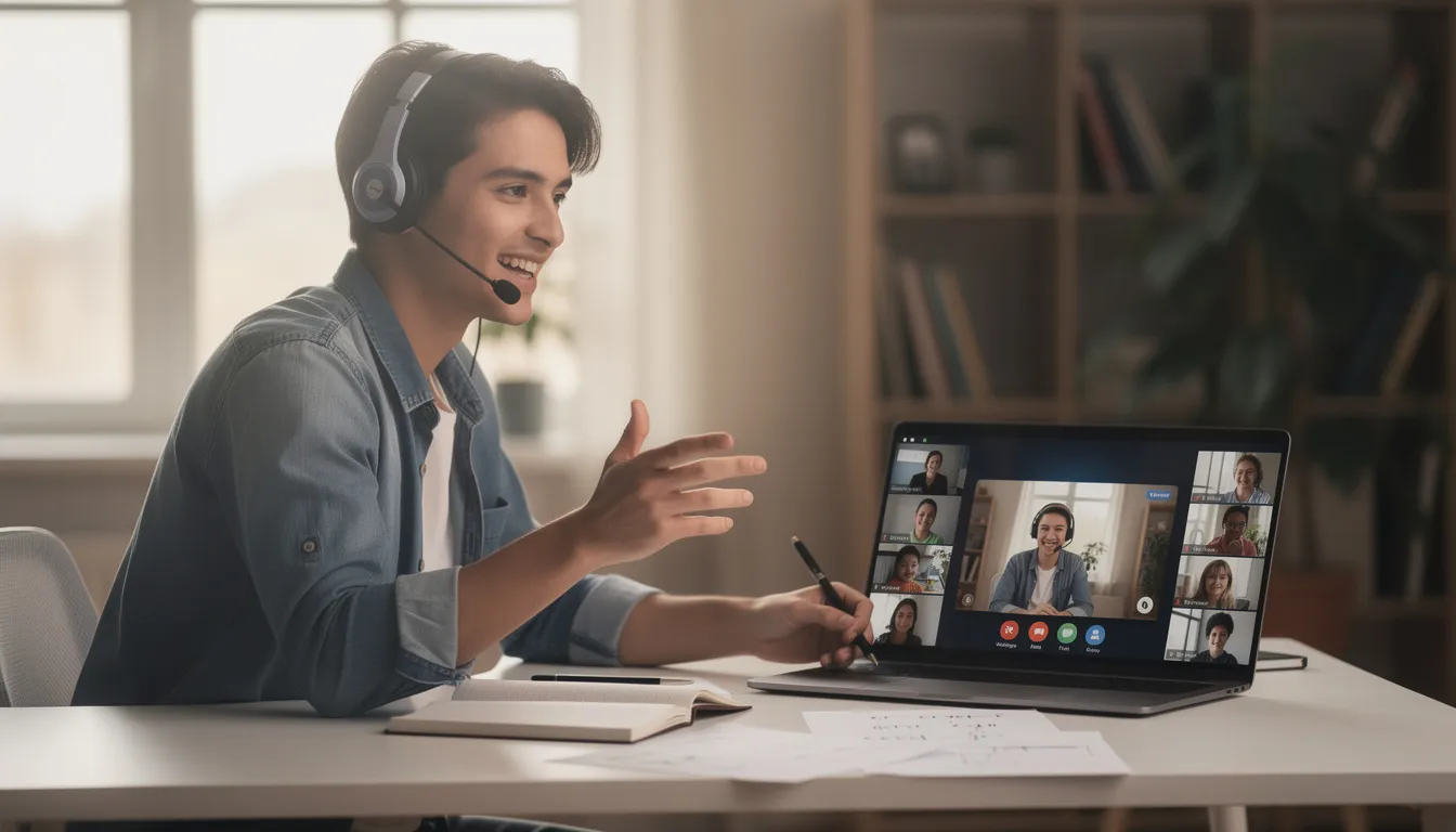 Ein Online-Nachhilfelehrer gibt eine virtuelle Unterrichtsstunde, während er über sein Laptop spricht. Der Schüler sitzt bequem von zu Hause aus und erhält Unterstützung in einem Fach wie Mathe, um sein Wissen zu erweitern.