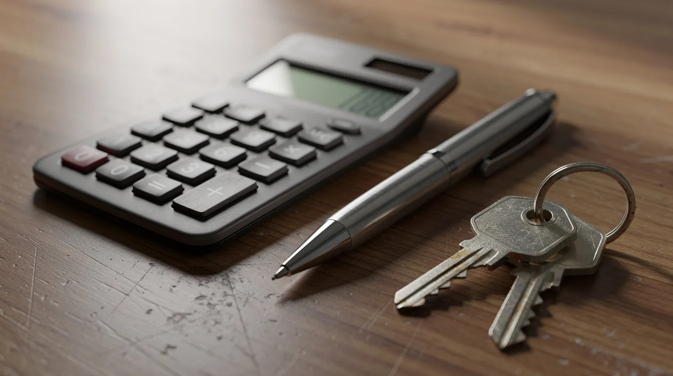 The image features a calculator, a pen, and a set of house keys arranged on a wooden desk, symbolizing the financial calculations and planning involved in house flipping for real estate investors. This setup reflects the essential tools needed for making informed decisions about purchase price, renovation costs, and investment strategies in the real estate market.