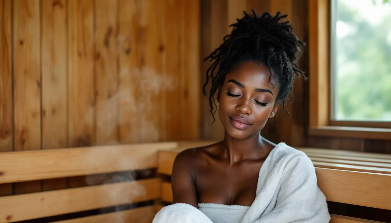 An African lady appears tired as she relaxes in an infrared sauna, enjoying the heat exposure that promotes muscle relaxation and improves sleep quality. The sauna session is a part of her routine to enhance her overall well-being and reduce stress, contributing to a restful night.