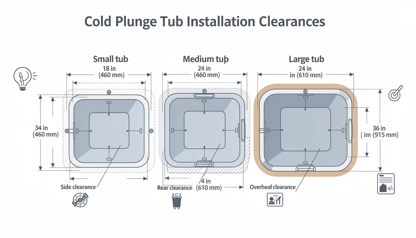 The image is an installation diagram illustrating the proper clearances required around various sized cold plunge tubs, including chest freezers designed for cold water exposure. It highlights essential spacing for safe and effective use, ensuring optimal temperature control and accessibility for cold therapy sessions.