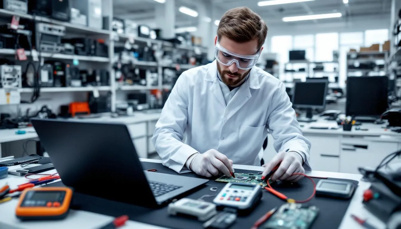 A technician is carefully inspecting and testing various components of a refurbished laptop in a professional repair facility, ensuring quality and performance for customers. The environment is equipped with tools and equipment aimed at providing reliable service for reconditioned laptops.