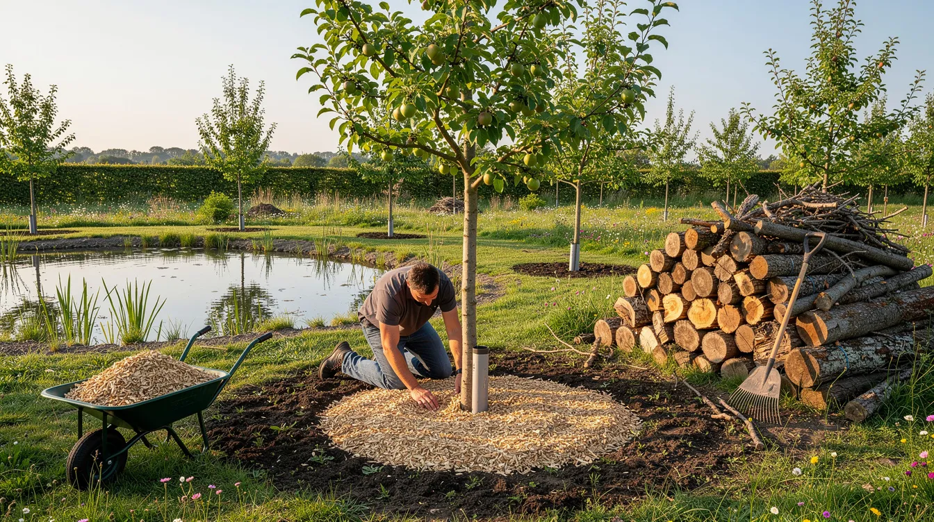 A gardener is seen adding wood chip mulch around young fruit trees, promoting healthy ecosystems and biodiversity in the area. Nearby, a small pond and a log pile contribute to the rich habitat, supporting various plant species and wildlife. A gardener is seen adding wood chip mulch around young fruit trees, promoting healthy ecosystems and biodiversity in the area. Nearby, a small pond and a log pile contribute to the rich habitat, supporting various plant species and wildlife.