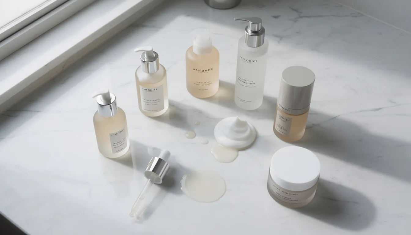 A flatlay of various skincare products, including serums and moisturizers, is neatly arranged on a marble bathroom counter, showcasing items rich in ingredients like copper peptides and vitamin C that promote collagen production and improve skin texture. The collection highlights products suitable for different skin types, emphasizing their anti-aging properties and benefits for skin elasticity and repair.