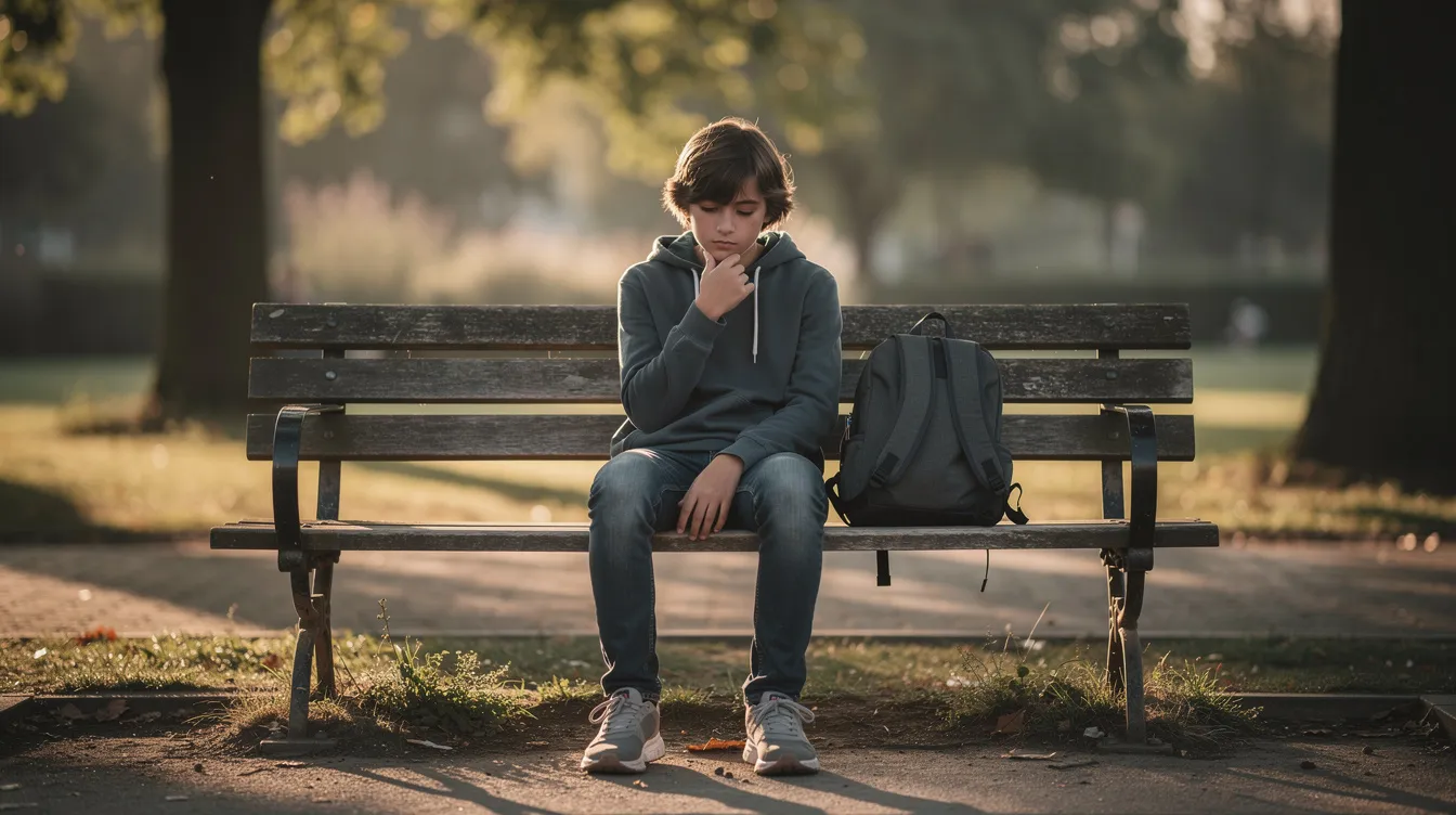 A teenage boy sits alone on a bench, appearing thoughtful as soft afternoon light bathes him, reflecting the introspective moments often experienced during the teen years. This scene captures the essence of adolescent development, highlighting the importance of giving young people their own space to process their thoughts and emotions.