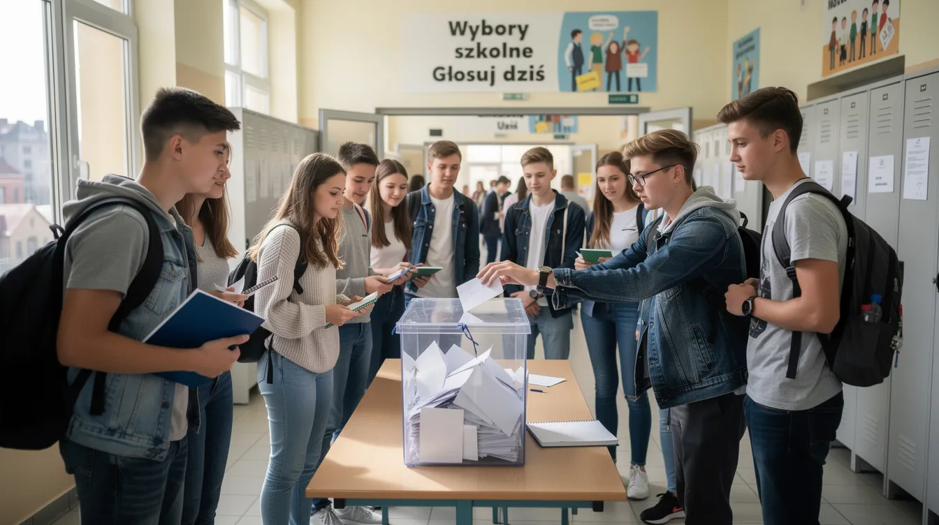Na zdjęciu widoczna jest grupa uczni&oacute;w w szkolnym korytarzu, kt&oacute;rzy wrzucają karty do przezroczystej urny wyborczej podczas wybor&oacute;w do samorządu uczniowskiego. W tle można dostrzec plakaty wyborcze oraz innych kandydat&oacute;w, co podkreśla atmosferę kampanii wyborczej w szkole.