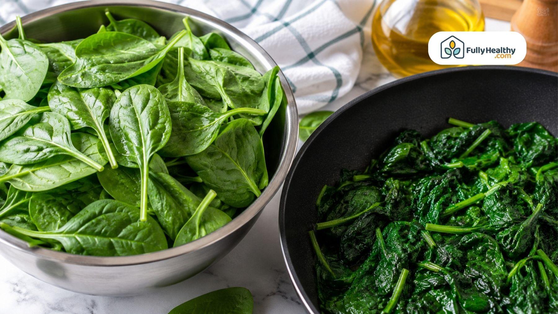 Fresh baby spinach leaves in a metal bowl beside cooked spinach in a skillet.
