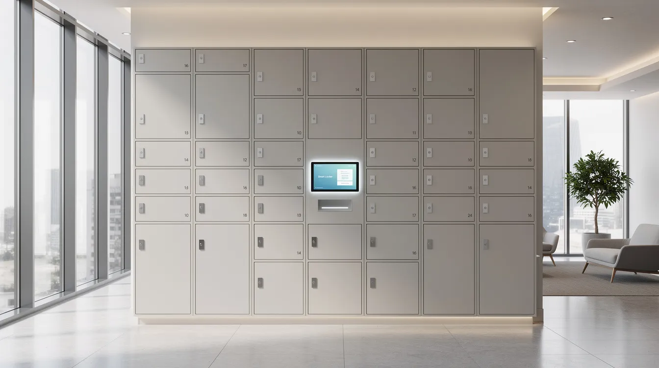 The image depicts a modular smart locker wall featuring a variety of compartment sizes, installed in a sleek modern office lobby. This smart locker system offers secure storage solutions for package delivery, enhancing operational efficiency and user satisfaction in busy corporate environments.