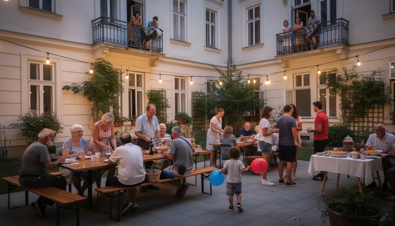 Auf dem Bild sind Menschen verschiedener Generationen bei einem fröhlichen Nachbarschaftsfest im Innenhof einer Wiener Wohnanlage zu sehen. Die Atmosphäre ist lebhaft, mit bunten Tischen und Stühlen, während die Bewohner der Gemeindewohnungen in der Rosa Fischer Gasse 2 miteinander ins Gespräch kommen und sich austauschen.