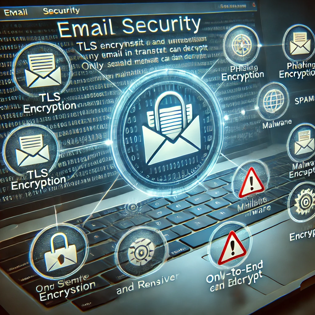Ilustración de seguridad en el correo electrónico, mostrando cifrado TLS y E2EE, y amenazas cibernéticas. | Posiciona.Digital