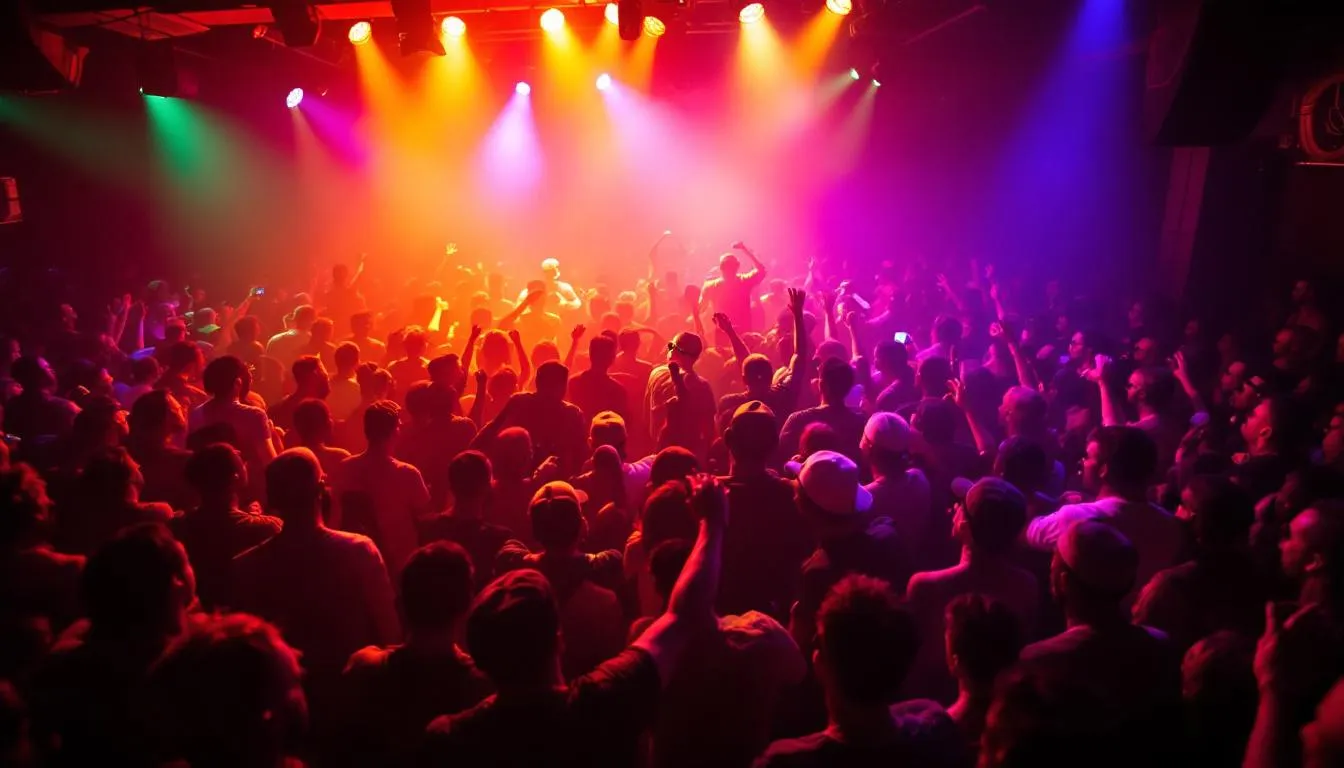 A lively crowd fills a Houston rap club during a live performance, illuminated by vibrant stage lights. The audience, immersed in the hip hop music, enjoys songs from local Houston rappers and artists, celebrating the night with energy and excitement.