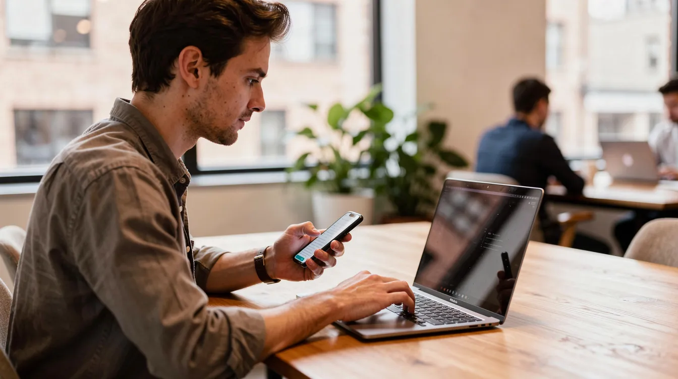 The image depicts a person working in a modern co-working space, simultaneously using a smartphone and a laptop, highlighting the blend of technology and productivity in a contemporary business environment. This scene reflects the dynamic nature of small and medium enterprises (中小企業) as they navigate financing options and applications for business loans (中小企業貸款).