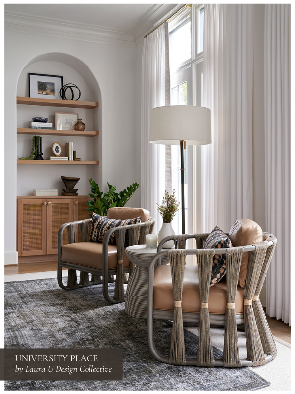 we love the California Cool style of this white, beige, gray, and brown living space with north facing rooms