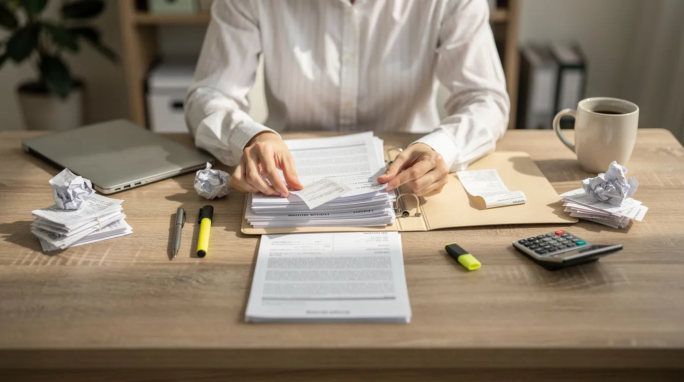 The image depicts a person diligently organizing various documents and receipts into a folder on a desk, which may include important papers related to financial assistance, such as loan applications or proof of previous loans. This activity is essential for individuals seeking to manage their finances effectively, particularly those interested in schemes like the Pradhan Mantri Mudra Yojana aimed at supporting micro enterprises.