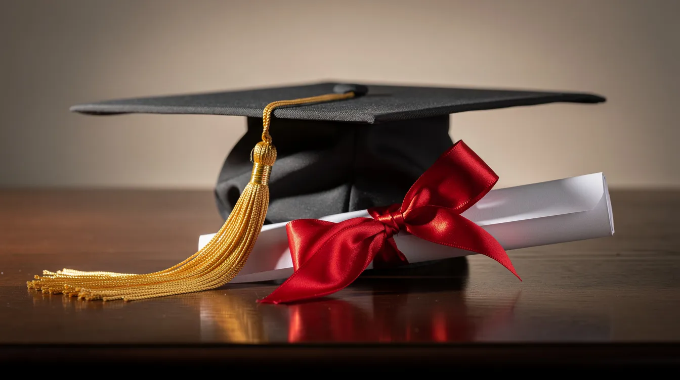 The image features a graduation cap placed next to a rolled diploma secured with a ribbon, symbolizing the completion of an academic journey. This scene represents the achievement of obtaining a high school or college diploma, often associated with graduation ceremonies.