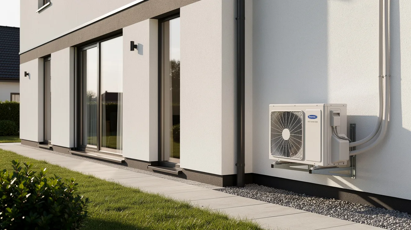 The image depicts a modern residential home exterior featuring a neatly mounted outdoor air conditioning condenser unit on a side wall, showcasing an inverter air conditioner that promises efficient cooling and energy savings. The unit is designed to maintain consistent temperatures while operating quietly, contributing to a comfortable living environment.