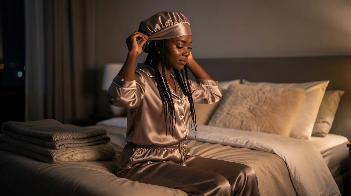A person is wearing a satin bonnet and preparing for sleep, showcasing a neat twisted hairstyle that highlights their natural hair. The look is achieved using lock gel for a strong hold, ensuring the twists maintain their shape and prevent frizz while they sleep.