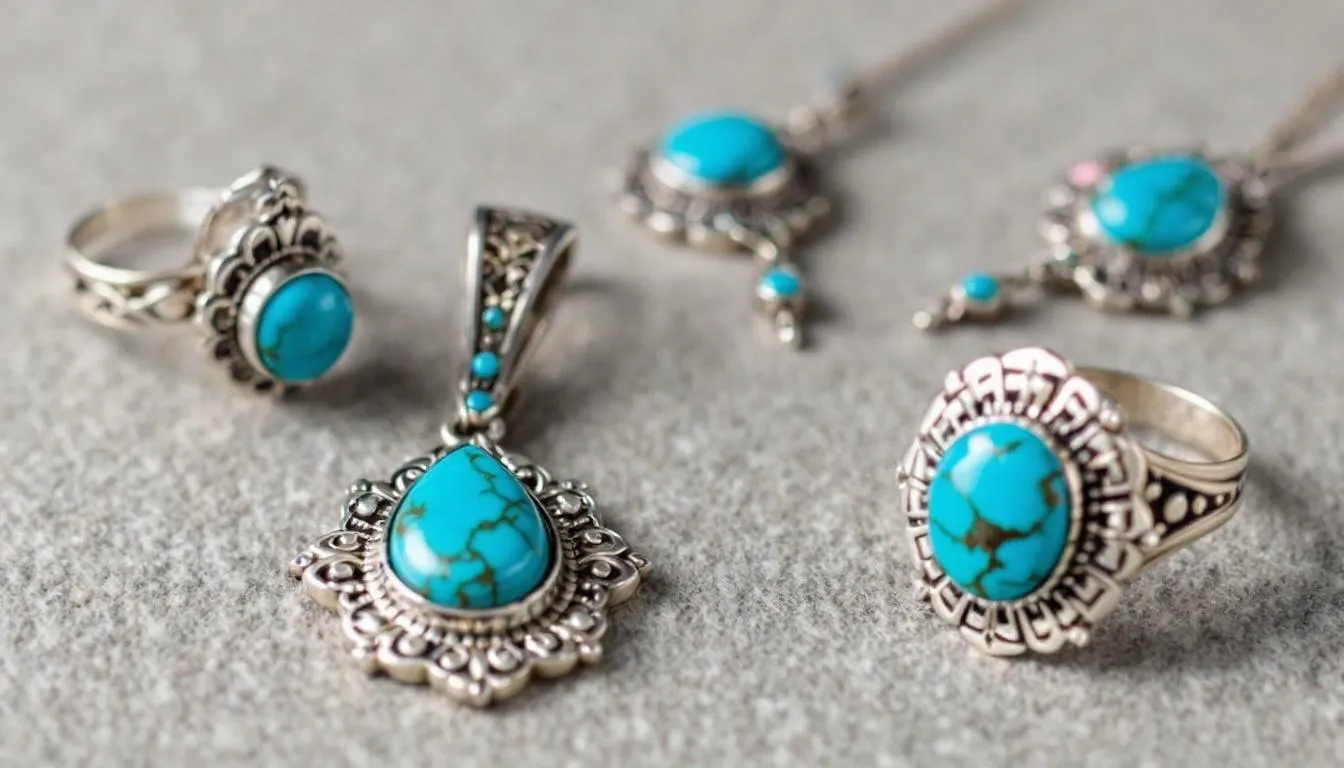 The image features an array of traditional turquoise jewelry, showcasing various pieces such as earrings, necklaces, and rings made from the vibrant blue stones associated with December's birthstones. The jewelry highlights the beautiful robin's egg blue hue of turquoise, often complemented by other blue gems like topaz and zircon, symbolizing good fortune and elegance.