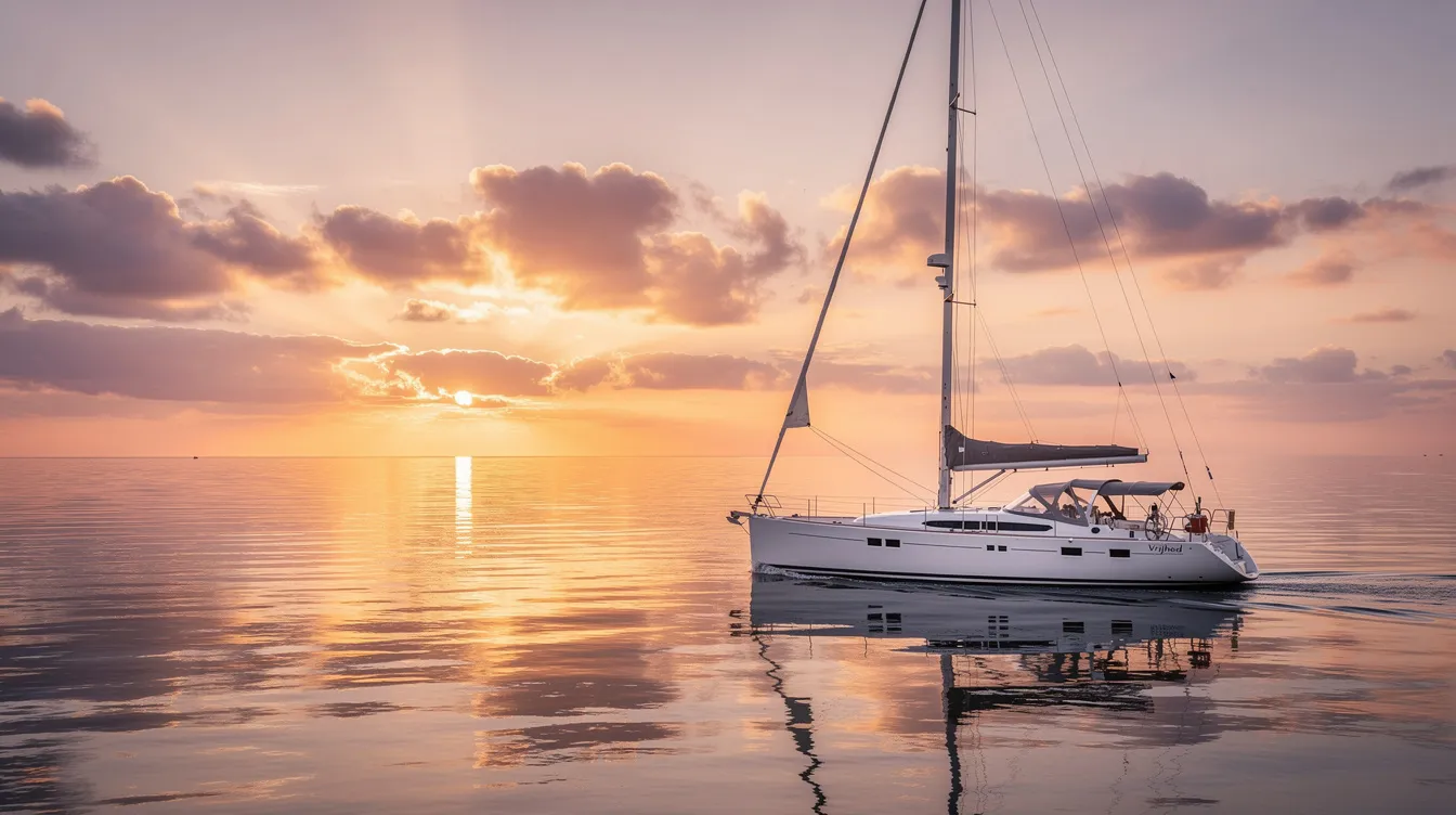 Een serene jacht glijdt over kalm water bij zonsondergang, omringd door een panoramisch uitzicht dat de schoonheid van de Vlaamse natuur benadrukt. De warme kleuren van de ondergang reflecteren op het water, wat een gevoel van rust en luxe uitstraalt, passend bij de levensstijl van bekende figuren zoals Gert Verhulst.