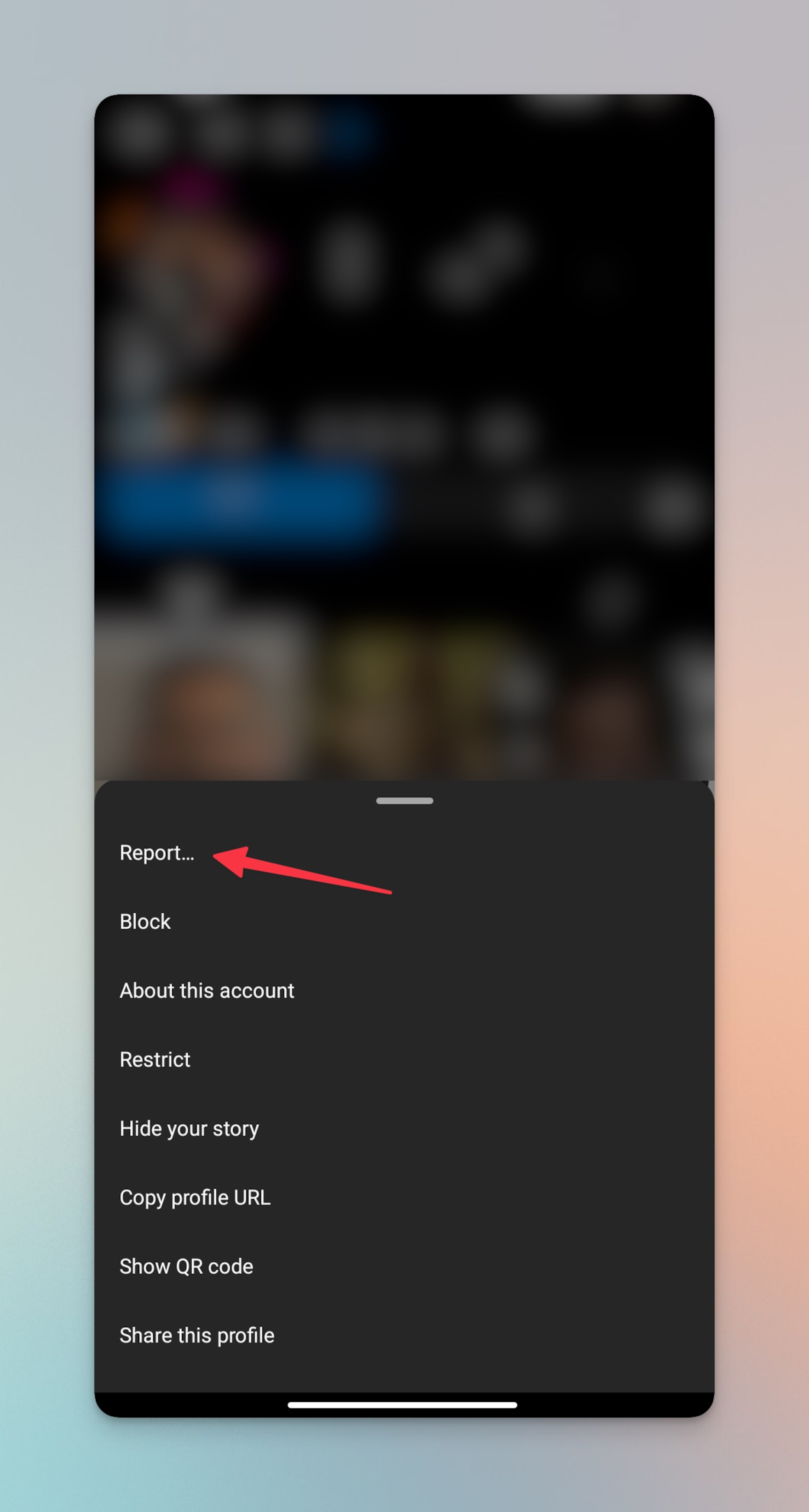 Remote.tools pointing to Report option on Instagram app for android to report an account