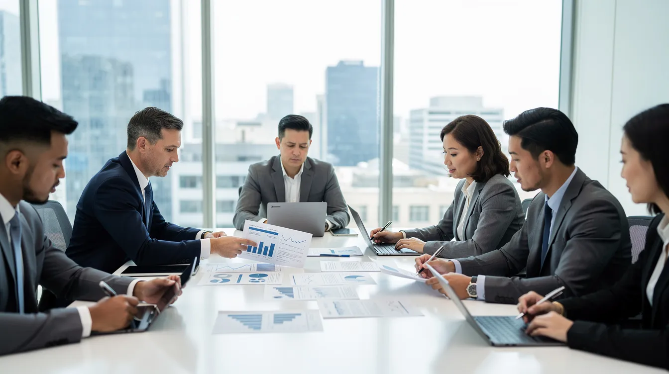 The image depicts a professional meeting in an office where advisors are reviewing documents related to the employee retention credit (ERC) program. They are discussing eligibility requirements and the impact of the COVID-19 pandemic on businesses, focusing on claims for refundable tax credits and qualified wages paid.