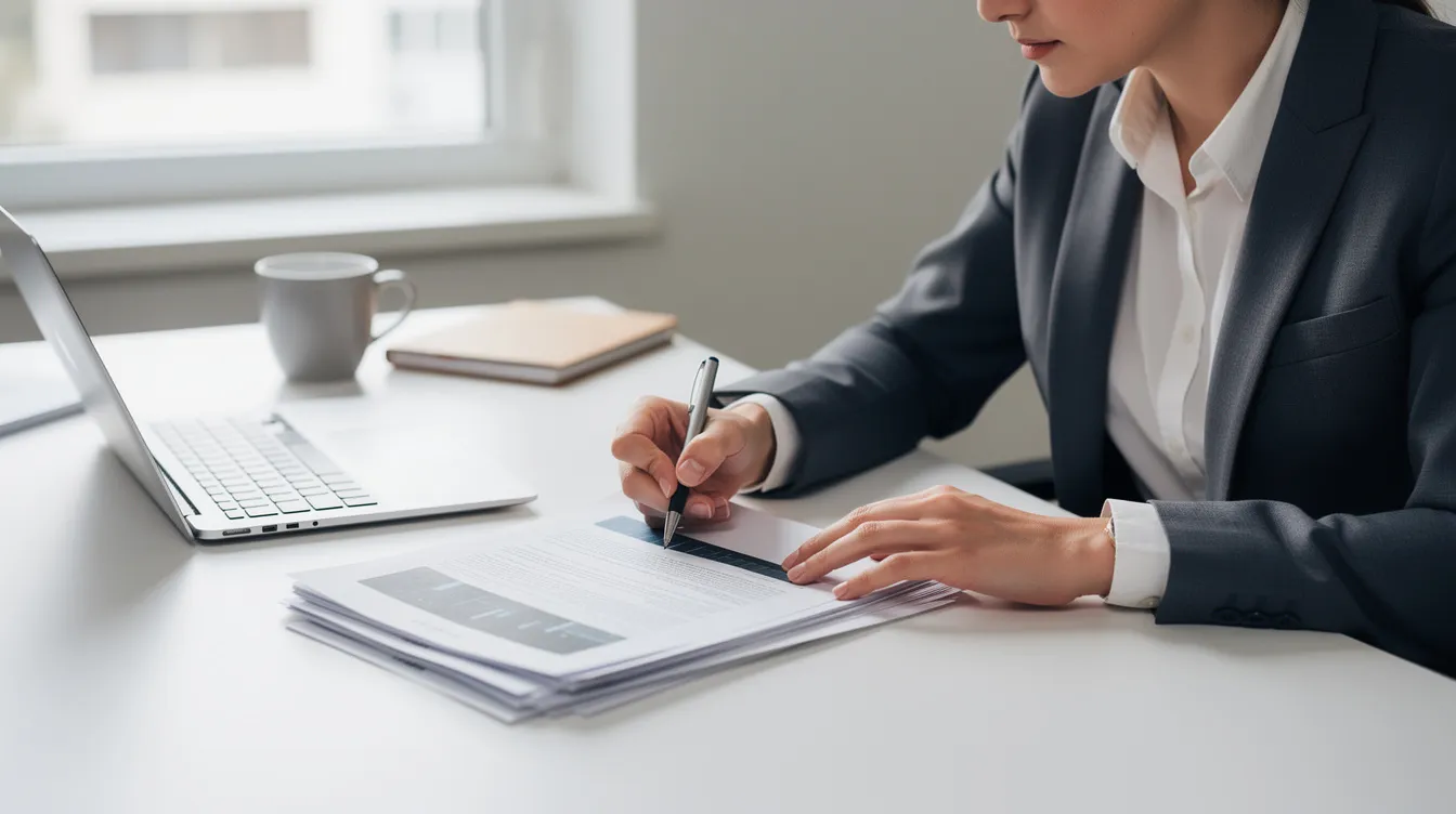 A person is sitting at a desk, reviewing a stack of documents, which may include loan applications and financial agreements. The scene suggests a focus on financial details, such as interest rates and repayment terms, relevant for personal loans and credit assessments.
