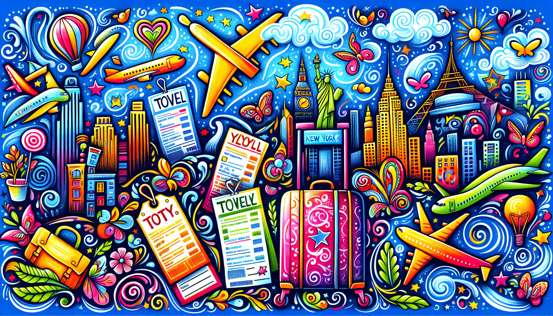 An illustration providing travel tips for flying from NYC to Los Angeles, featuring a checklist and travel-related icons.