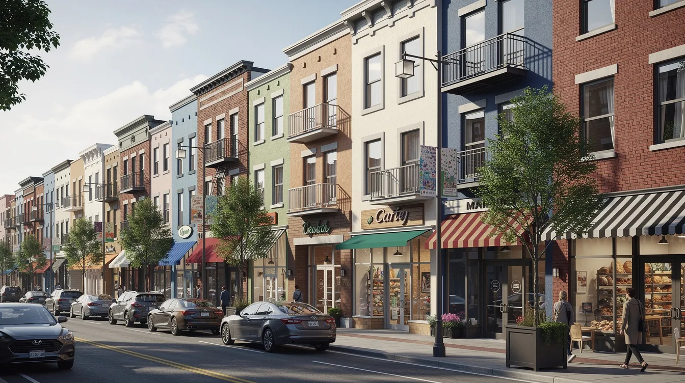 A vibrant city street lined with a variety of mixed-use buildings, showcasing both residential and commercial properties. This scene reflects the dynamic nature of urban life, where small businesses thrive alongside homes, highlighting the importance of commercial real estate and financing options for business owners.