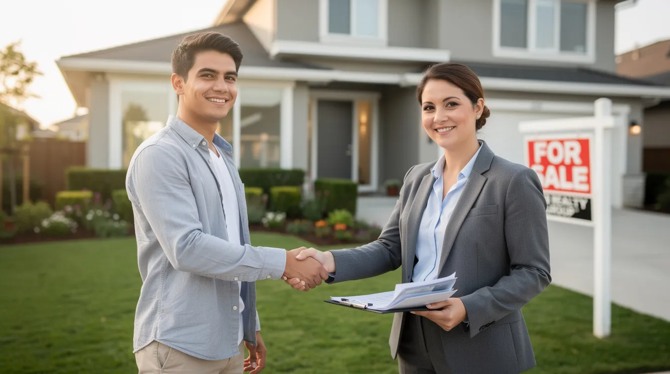 The image depicts a person shaking hands with a real estate professional in front of a residential property, symbolizing a successful partnership in real estate investment. This moment may represent discussions around financing options, such as hard money loans, which can be beneficial for individuals with poor credit seeking loan approval for their investment properties.