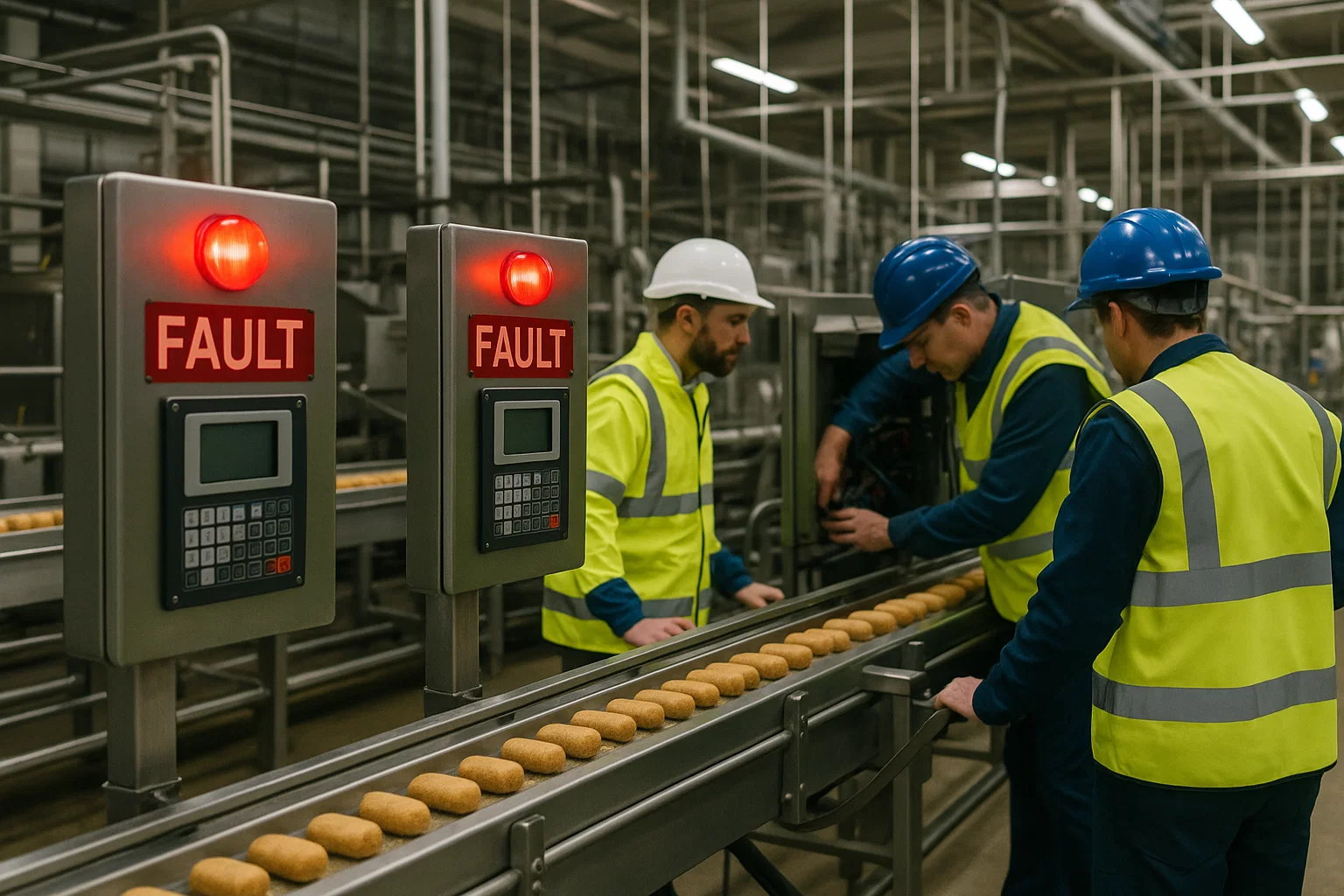 “Engineers dealing with unplanned downtime during a production line breakdown”