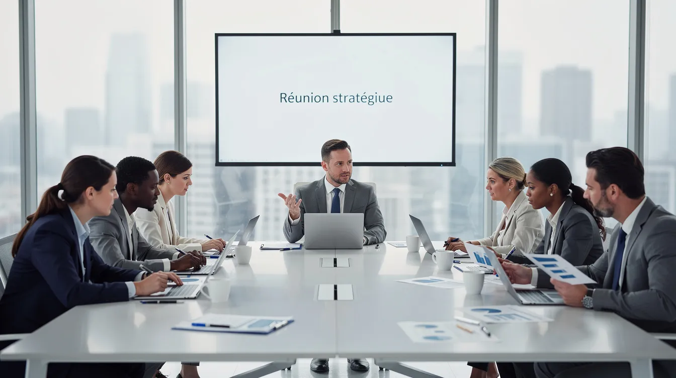 L'image montre un dirigeant en pleine réunion stratégique avec son équipe, rassemblée autour d'une table de travail moderne. Cette scène illustre l'importance de la collaboration et du développement au sein d'une entreprise, où les managers et collaborateurs échangent des idées pour atteindre des résultats optimaux.